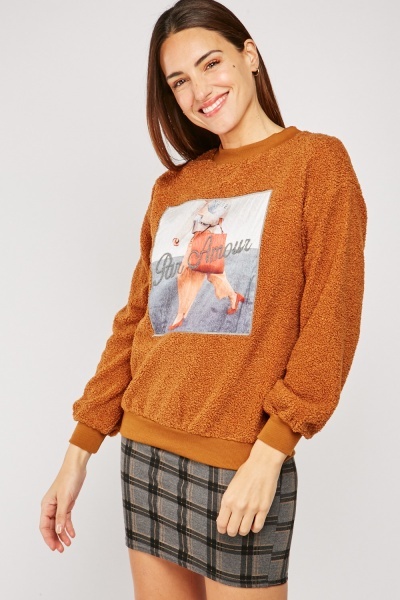 Fashion Printed Applique Borg Sweatshirt