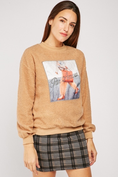 Fashion Printed Applique Borg Sweatshirt