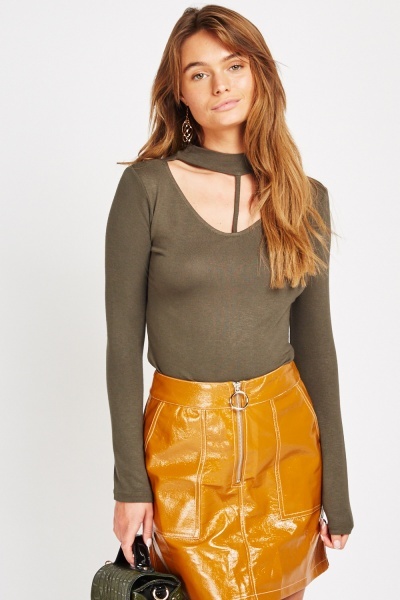 Cut Out Neck Olive Top