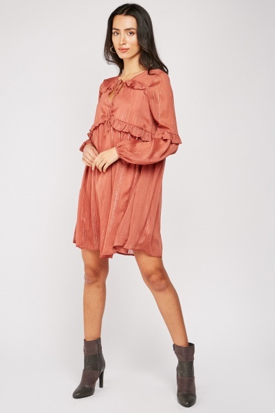 Sheer Sleeve Metallic Trim Dress