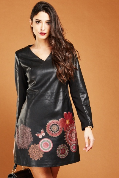 Arabesque Print Faux Leather Dress