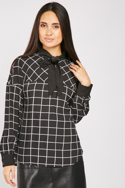 Windowpane Pussy Bow Neck Blouse