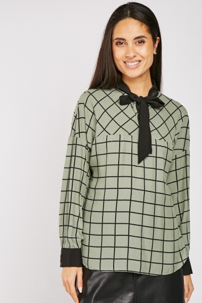 Windowpane Pussy Bow Neck Blouse