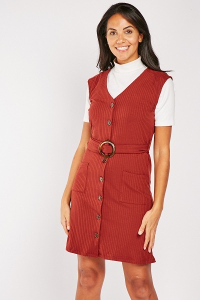 Belted Ribbed Pinafore Dress