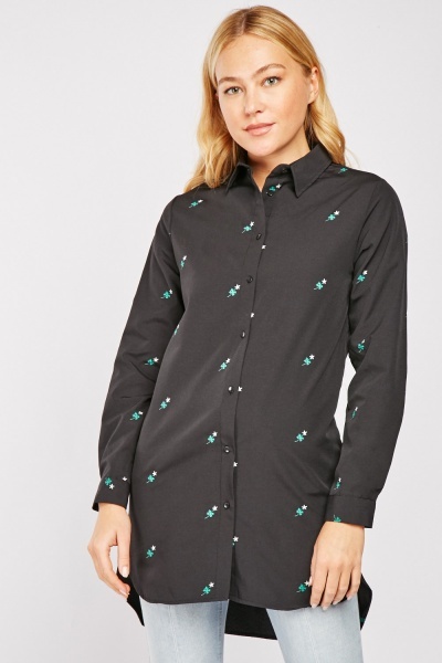 Printed Long Line Cotton Shirt