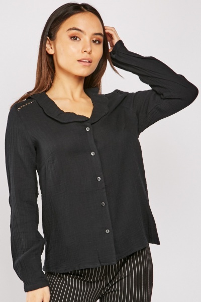 Scallop Collar Textured Cotton Blouse