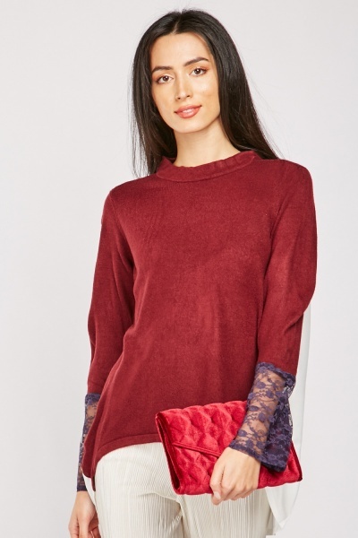 Lace Sleeve Knit Chiffon Contrast Top