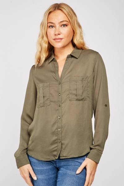 Pocket Front Sheer Chiffon Shirt