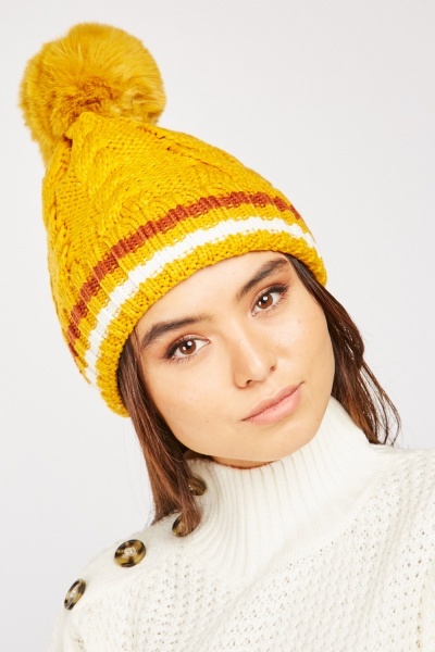 Faux Fur Cable Knit Beanie Hat