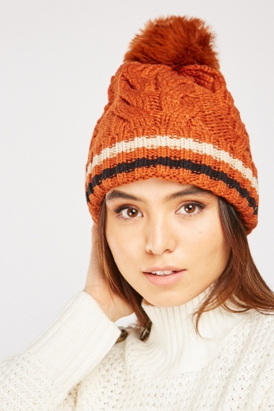 Faux Fur Cable Knit Beanie Hat