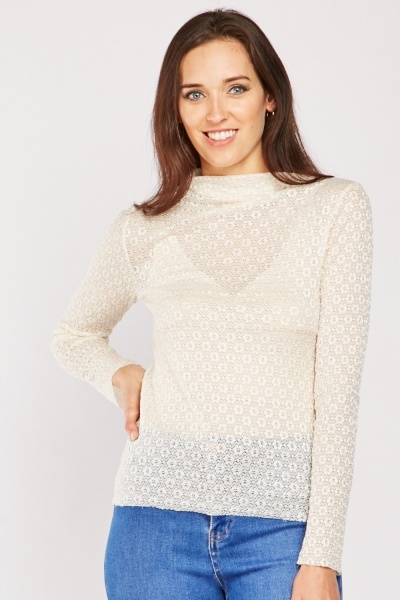 Funnel Neck Sheer Lace Top