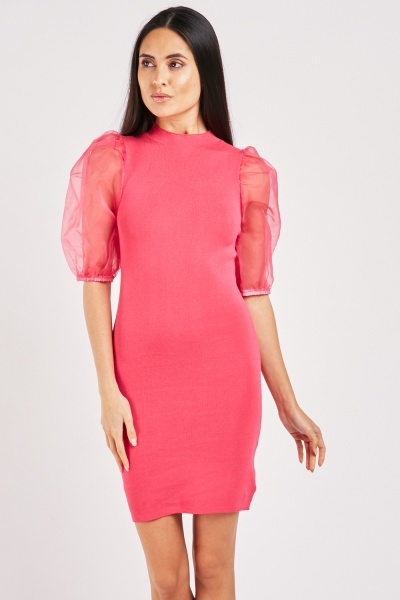 Organza Puff Sleeve Knit Dress