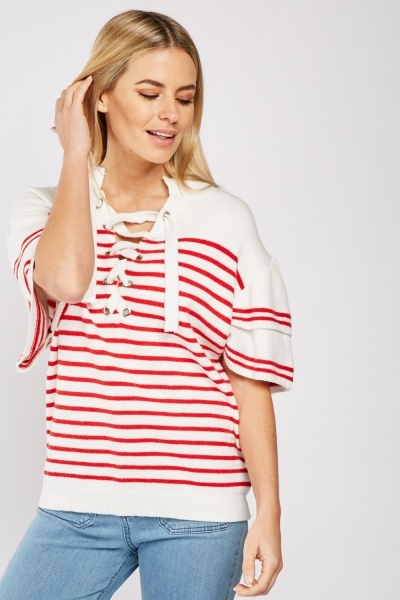 Lace Up Striped Knit Top