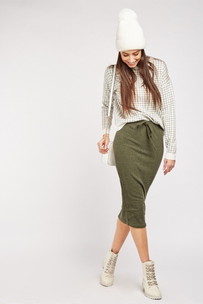 Olive Ribbed Midi Skirt