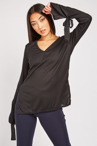 Tie Up Sleeve Rib Top