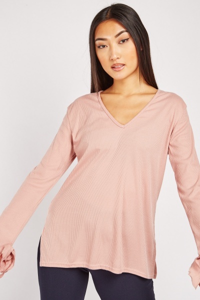 Tie Up Sleeve Rib Top