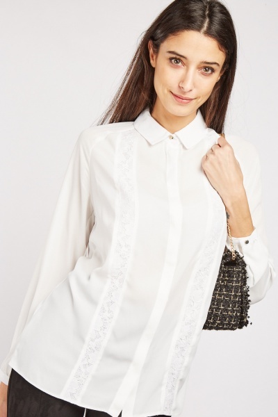 Lace Panel White Chiffon Shirt
