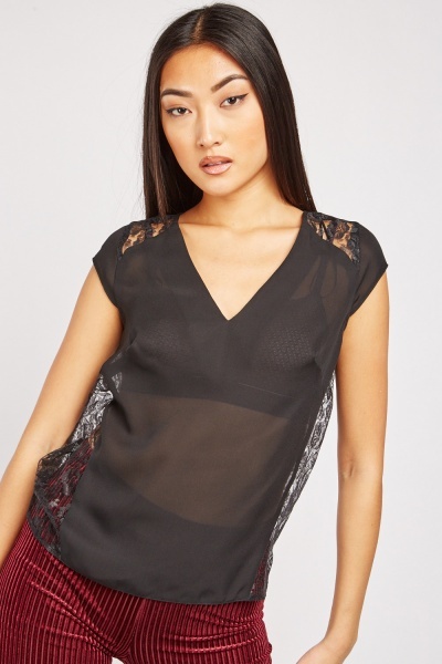 Black Lace Panel Side Top