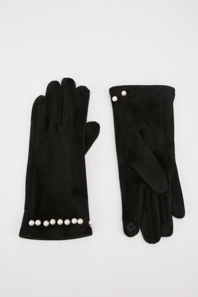 Faux Fur Trim Pearled Gloves