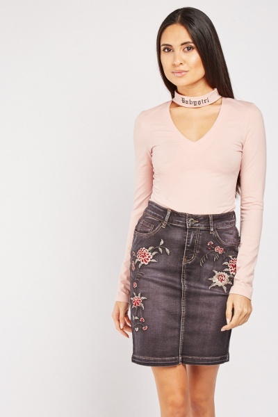 Flower Embroidered Mini Denim Skirt