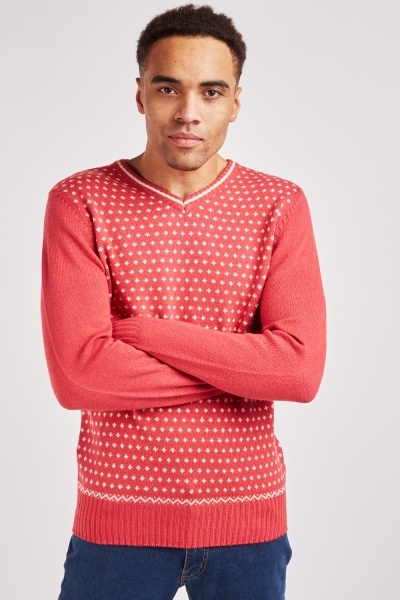 Patterned V Neck Knit Jumper