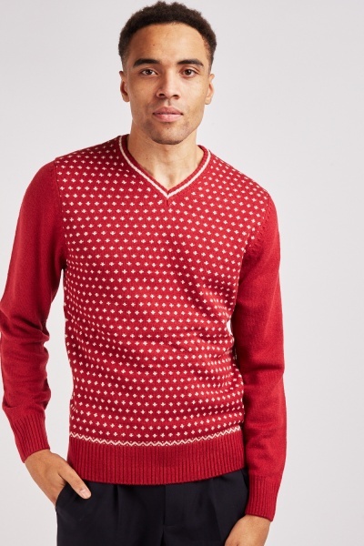 Patterned V Neck Knit Jumper