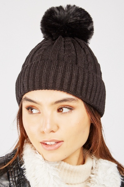 Cable Knit Faux Fur Beanie Hat