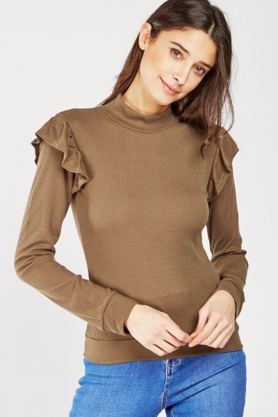 Petite Ruffle Sleeve Olive Rib Top