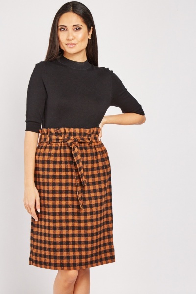 Paper Bag Waist Checkered Skirt