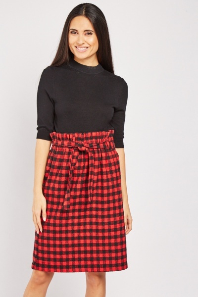 Paper Bag Waist Checkered Skirt