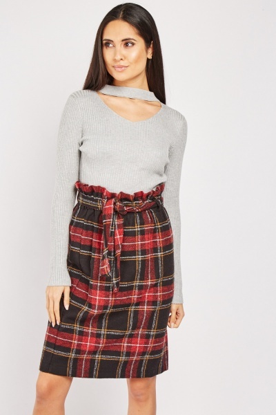 Paper Bag Waist Plaid Skirt