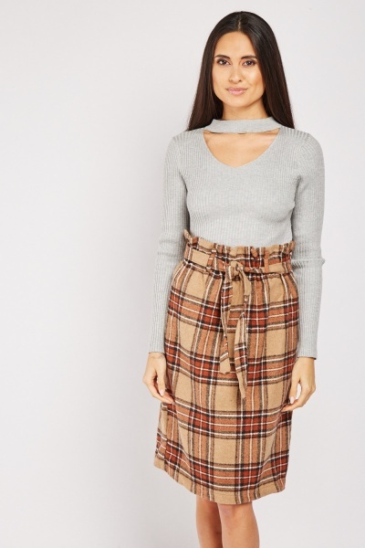 Paper Bag Waist Plaid Skirt