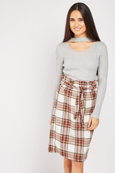 Paper Bag Waist Plaid Skirt