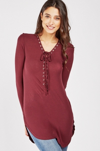 Lace Up Eyelet Trim Rib Top