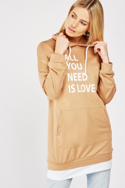 Printed Front Contrasted Hem Hoodie