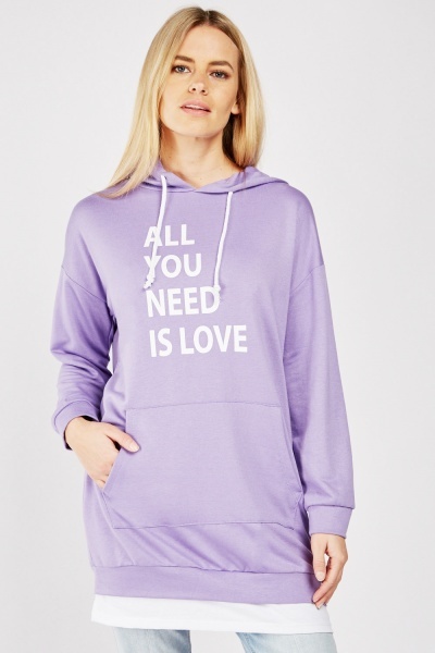 Printed Front Contrasted Hem Hoodie