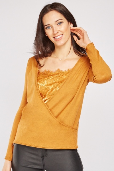 Sateen Lace Insert Knit Sweater