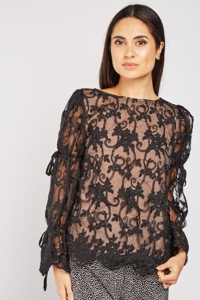 Tie Up Sleeve Scallop Lace Blouse