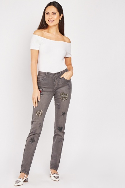 Beaded Embroidered Contrast Jeans