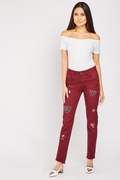 Beaded Embroidered Contrast Jeans