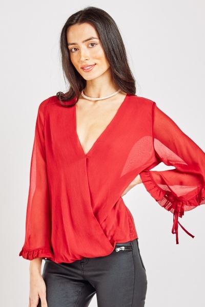 Sheer Chiffon Ruffle Sleeve Blouse