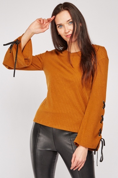 Lace Up Sleeve Ribbed Top