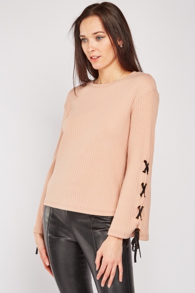 Lace Up Sleeve Ribbed Top