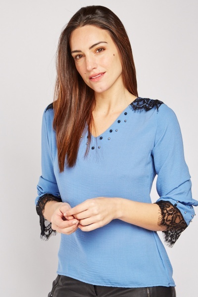 Lace Faux Pearl Embellished Blouse