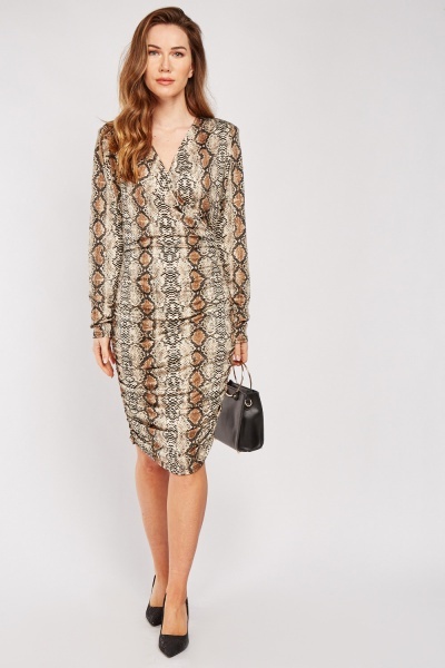 Ruched Snake Print Midi Dress