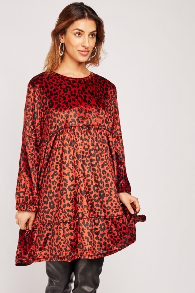 Leopard Print Velveteen Smock Dress