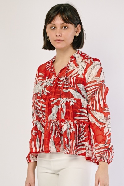 Tropical Print Sheer Chiffon Blouse