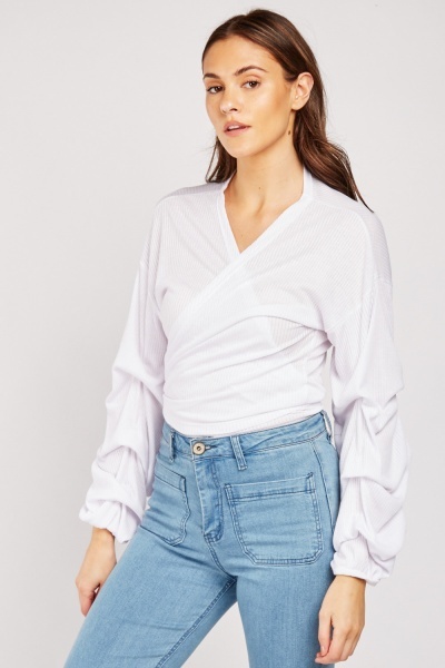 Ruched Sleeve Sheer Wrap Top