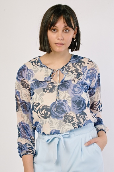 Rose Flower Print Sheer Blouse