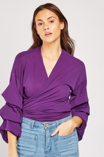 Ruched Sleeve Wrap Rib Top